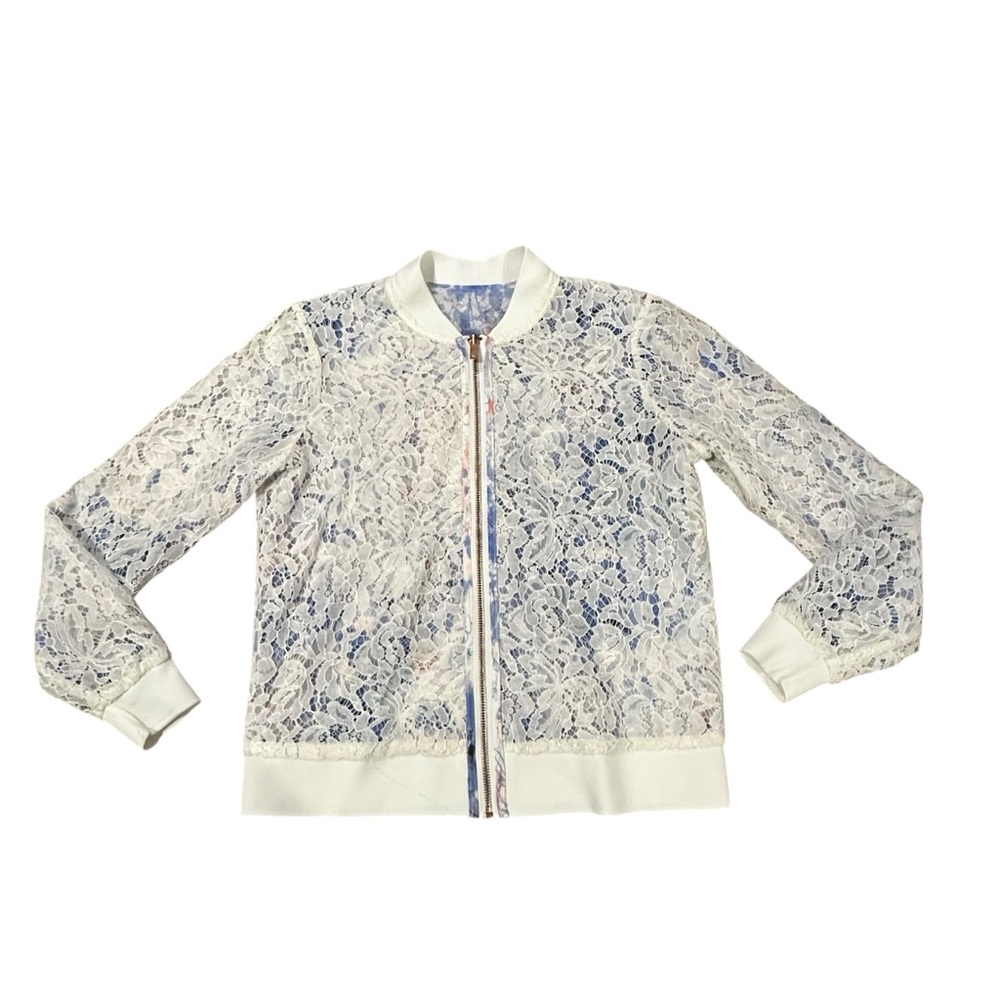 Candies Blue & White Floral Crochet Lace Reversible Bomber Jacket - Size Medium - Picture 13 of 14